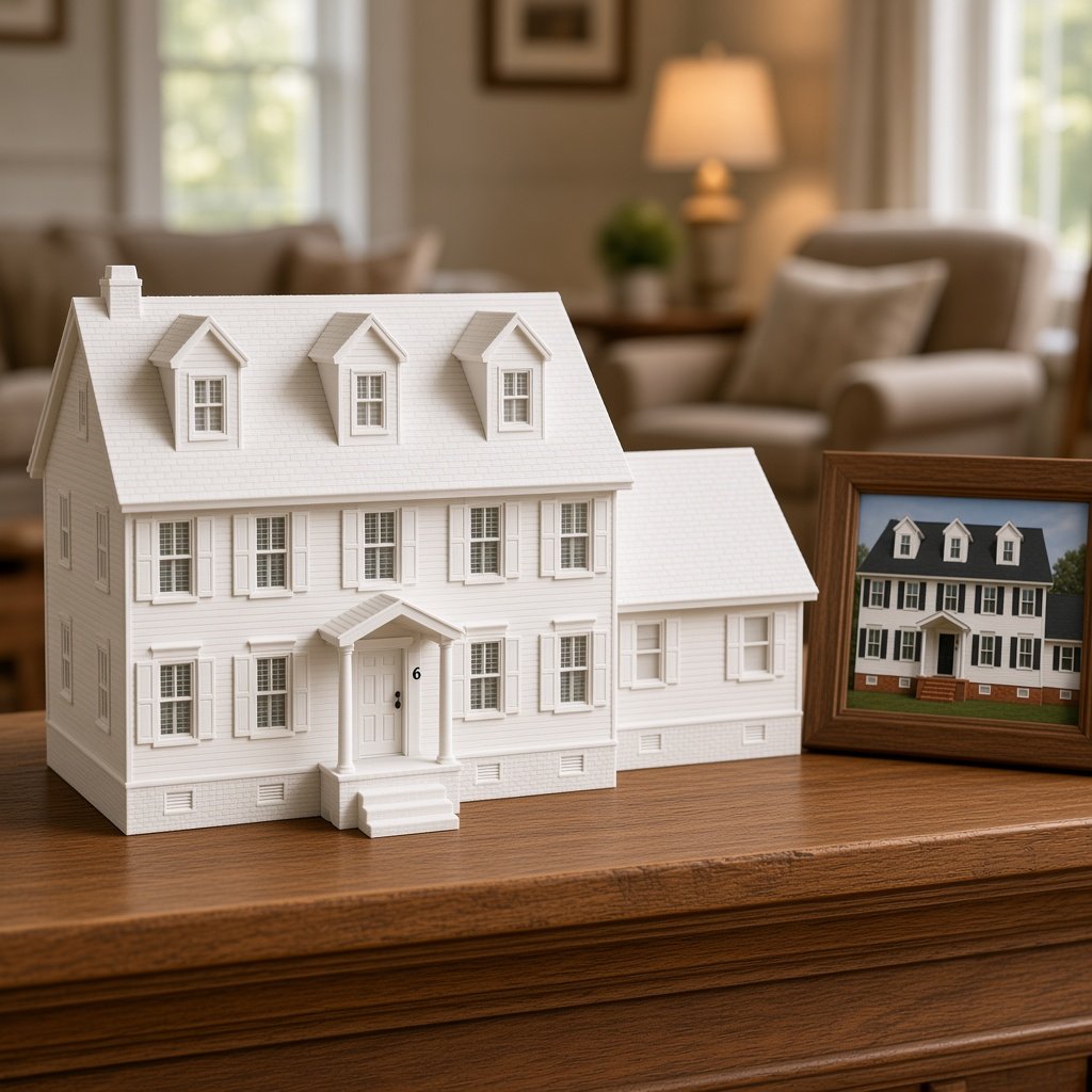 White 3D printed mini replica of a two story colonial home on a wooden mantel beside a framed photo of the real house